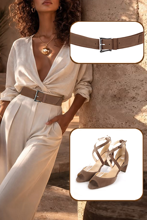 Women's chocolate brown elegant sandals closed at the back with crossed straps. Square toe. Medium comma heels - Worn view